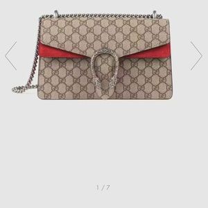 Dionysus GG small shoulder bag. Beige/ebony GG Supreme canvas, with red suede.